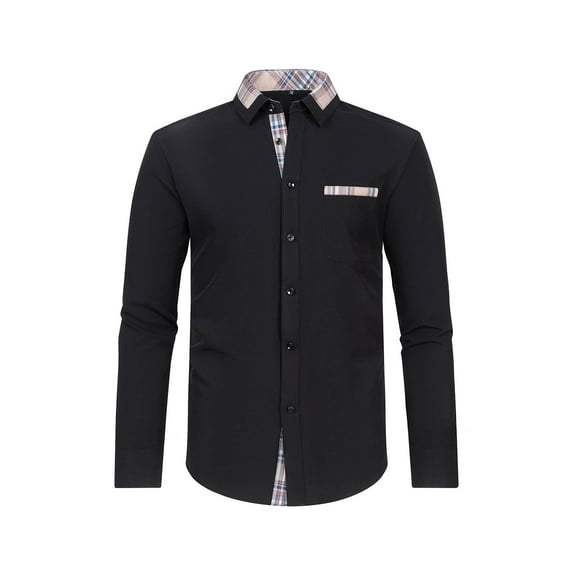 gbyLJF Men's Lapel Long Sleeve Shirt Color-blocked Collar Button Down Blouse Regular Fit Wrinkle-free Shirts with Pocket