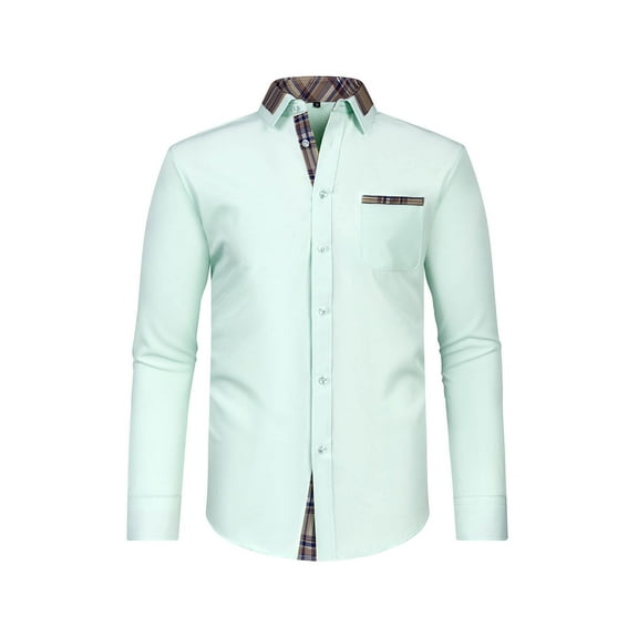 gbyLJF Men's Lapel Long Sleeve Shirt Color-blocked Collar Button Down Blouse Regular Fit Wrinkle-free Shirts with Pocket