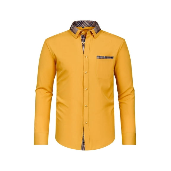 gbyLJF Men's Lapel Long Sleeve Shirt Color-blocked Collar Button Down Blouse Regular Fit Wrinkle-free Shirts with Pocket