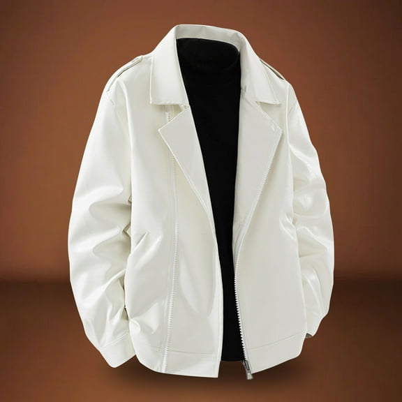 gbyLJF Men's Leather Jacket Full Zipper Long Sleeve Lapel Top Casual Fall Fashion Blouse Windproof Coat With Pocket