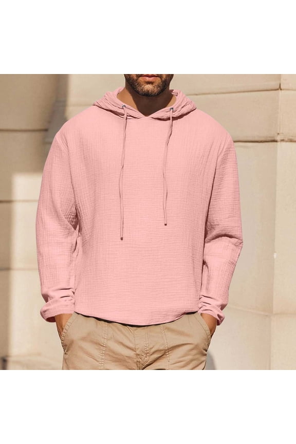 Men's Lightweight Drawstring Hoodie Solid Color Long Sleeve Hooded Sweatshirt Spring Fall Cotton Linen Pullover Tops Pink,S