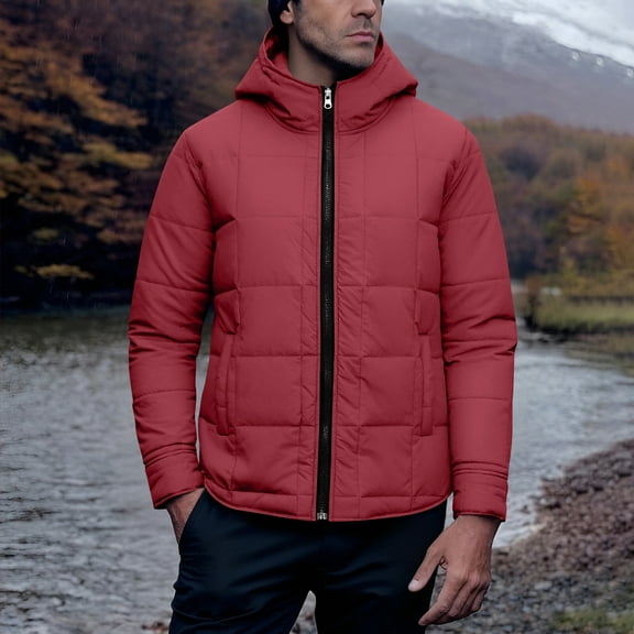 gbyLJF Men's Lightweight Puffer Jacket Solid Color Full Zip Hooded Down Coats Winter Long Sleeve Warm Cardigan with Pockets