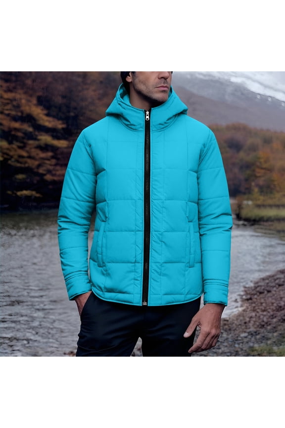 Men's Lightweight Puffer Jacket Solid Color Full Zip Hooded Down Coats Winter Long Sleeve Warm Cardigan with Pockets