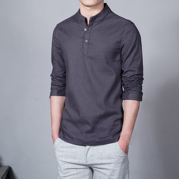 gbyLJF Men's Linen Shirt Buttons Down Round Neck Long Sleeve T-shirt Casual Business Solid Color Blouse