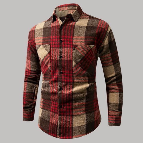 gbyLJF Men's Long Sleeve Lapel Top Checked Button Down Casual Shirt Regular Fit Double-pocket Blouse