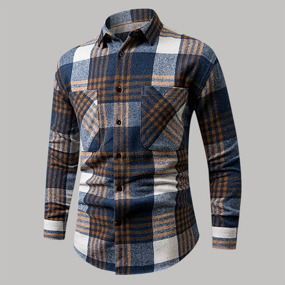 gbyLJF Men's Long Sleeve Lapel Top Checked Button Down Casual Shirt Regular Fit Double-pocket Blouse