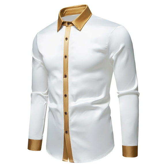 gbyLJF Men's Long Sleeve Shirt Stretch Wrinkle Free Dress Shirts for Men Color Block Turndown Collar Shirt