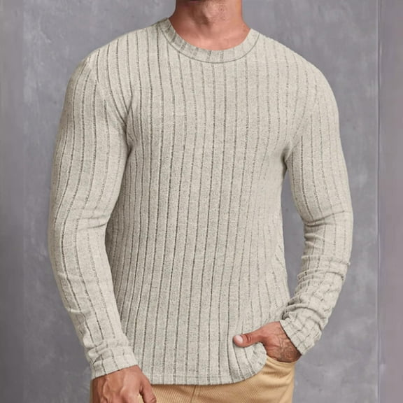 gbyLJF Men's Long Sleeve Shirts Solid Color Casual Slim Fit Textured Tops Autumn Fashion Round Neck Pullover Sweatshirt