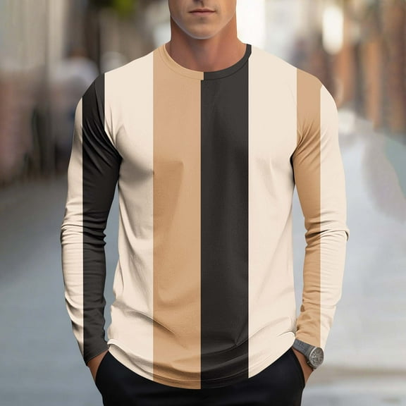 gbyLJF Men's Long Sleeve T-shirt Casual Fashion Vertical Striped Printed Pullover Shirt Color-blocking Round Neck Top for Men