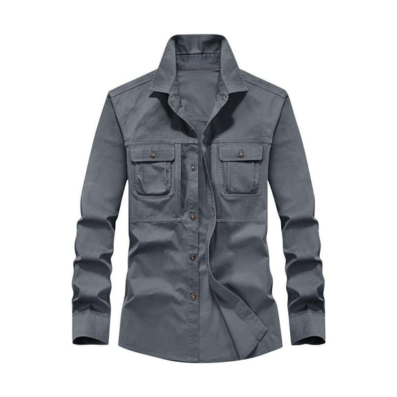 gbyLJF Men's Long Sleeved Cargo Work Shirt Casual Loose Outdoor Military Tactical Tops Cotton Lapel Button Down Workshirt with Multi Pockets