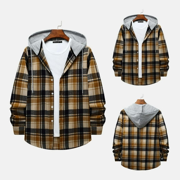 gbyLJF Men's Long Sleeved Shirt Checkered Printed Button Down Hooded Shirt Casual Loose Fit Lightweight Drawstring Cardigan