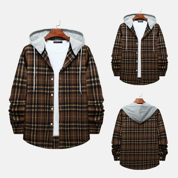 gbyLJF Men's Long Sleeved Shirt Checkered Printed Button Down Hooded Shirt Casual Loose Fit Lightweight Drawstring Cardigan