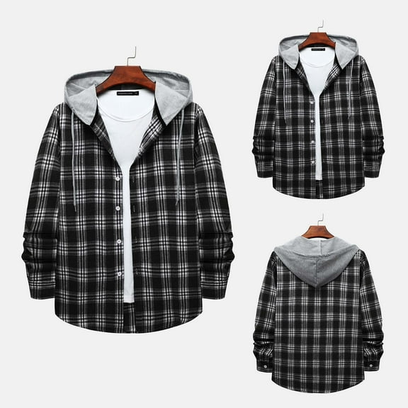 gbyLJF Men's Long Sleeved Shirt Checkered Printed Button Down Hooded Shirt Casual Loose Fit Lightweight Drawstring Cardigan