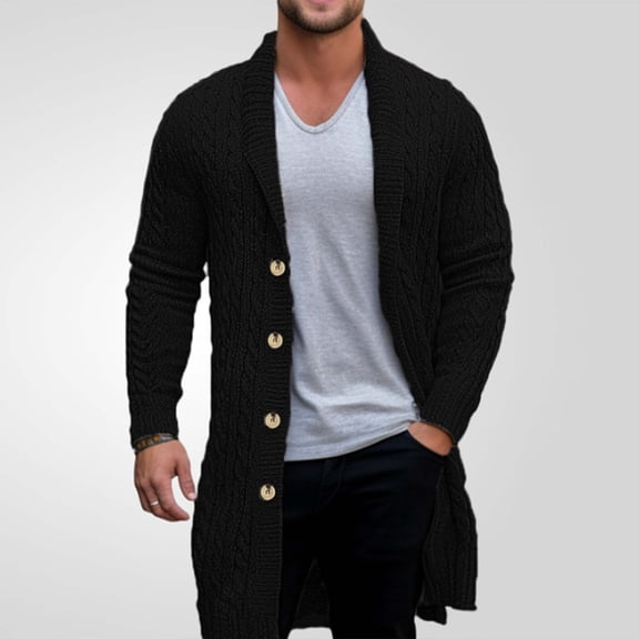 gbyLJF Men's Mid-length Knitted Cardigan Solid Color Turndown Collar Long Sleeve Jacket Slim Fit Full Button Down Sweater Coat