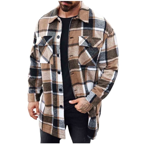 gbyLJF Men's Mid-length Plaid Flannel Shacket Button Up Lapel Classic Stylish Jacket Holiday Office Coat with Chest Pockets