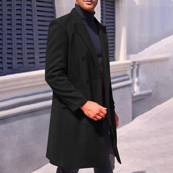 gbyLJF Men's Mid-length Woolen Overcoat Solid Color Double Breasted Turndown Collar Jackets Fall/Winter Casual Outwear