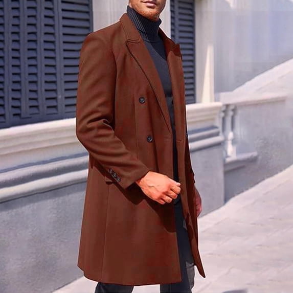 gbyLJF Men's Mid-length Woolen Overcoat Solid Color Double Breasted Turndown Collar Jackets Fall/Winter Casual Outwear
