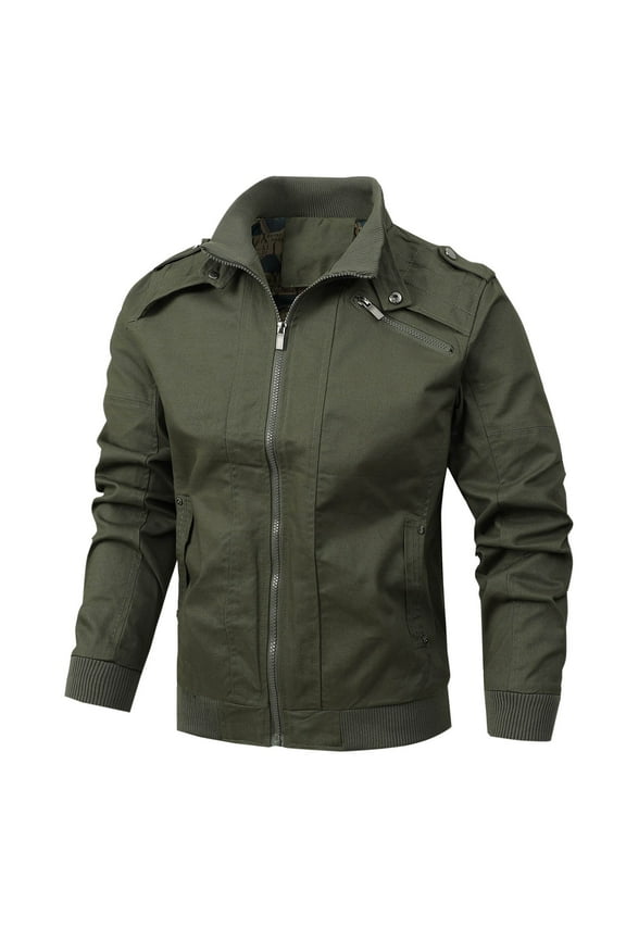 Men's Military Lightweight Jacket Army Cargo Windbreaker Zip Front Stand Collar Solid Hoodless Jackets with Multi Pockets