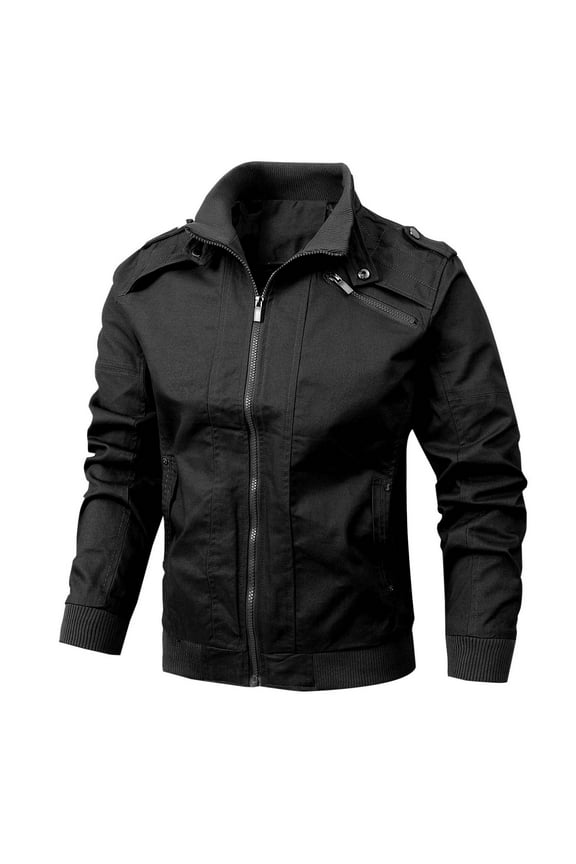 Men's Military Lightweight Jacket Army Cargo Windbreaker Zip Front Stand Collar Solid Hoodless Jackets with Multi Pockets