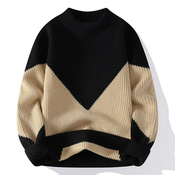 gbyLJF Men's Oversized Round Neck Sweater Solid Color Jacquard Thickened Warm Sweatshirt Color-blocked Soft Knitted Top