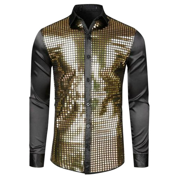gbyLJF Men's Performance Shirt Sequined Button Down Lapel Shirts Loose Fit Party Stage Long Sleeve Blouse for Men