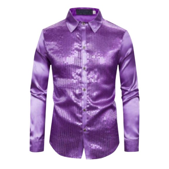 gbyLJF Men's Performance Shirt Sequined Button Down Lapel Shirts Loose Fit Party Stage Long Sleeve Blouse for Men