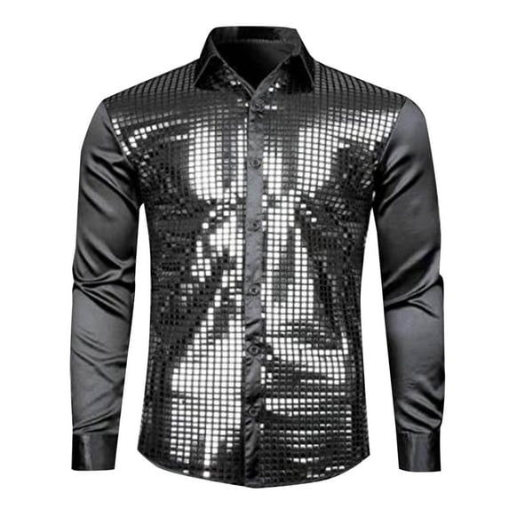 gbyLJF Men's Performance Shirt Sequined Button Down Lapel Shirts Loose Fit Party Stage Long Sleeve Blouse for Men