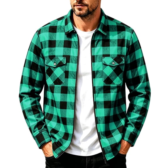 gbyLJF Men's Plaid Flannel Lapel Jacket Lightweight Zip Up Collared Shacket Casual Daily Regular Fit Fall Outerwear