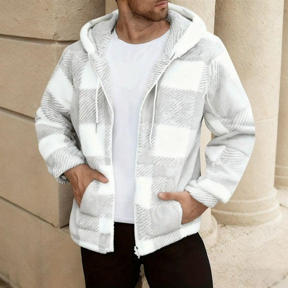 gbyLJF Men's Plaid Fleece Jacket Long Sleeve Full Zip Sweatshirt Cardigan Casual Round Neck Drawstring Hooded Jackets with Pockets