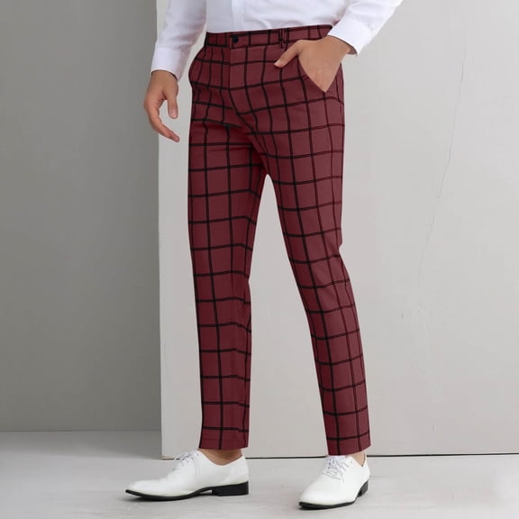 gbyLJF Men's Plaid Pants Skinny Dress Pants for Men Slim Fit Suit Pants Casual Business Checked Plaid Pants