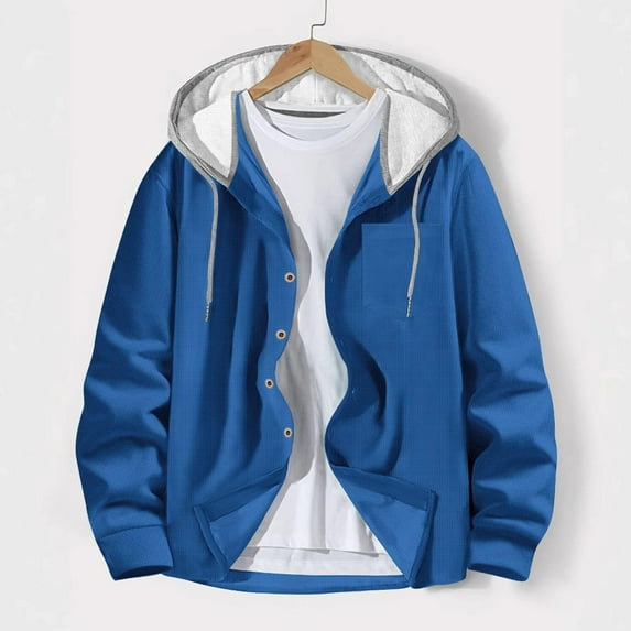 gbyLJF Men's Plaid Shirts Jacket Color Block Casual Long Sleeve Button Down Cardigan Drawstring Hooded Sports Jackets