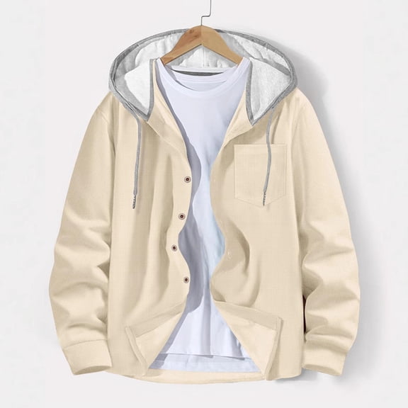 gbyLJF Men's Plaid Shirts Jacket Color Block Casual Long Sleeve Button Down Cardigan Drawstring Hooded Sports Jackets