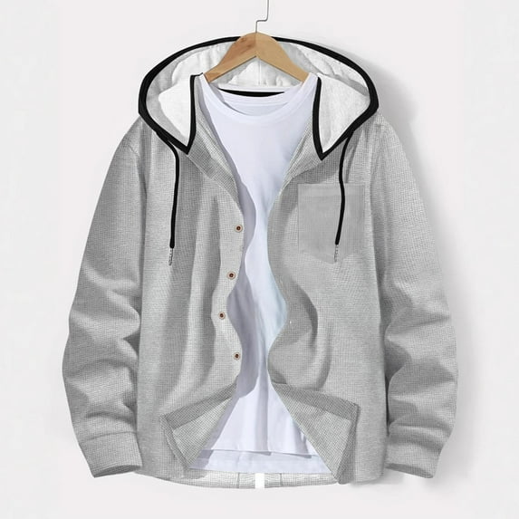 gbyLJF Men's Plaid Shirts Jacket Color Block Casual Long Sleeve Button Down Cardigan Drawstring Hooded Sports Jackets