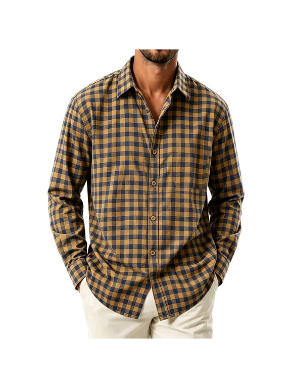 Men's Plaid Snap Button Shirt Lightweight Long Sleeve Flannel Shacket Lapel Vintage Fall Winter Wear