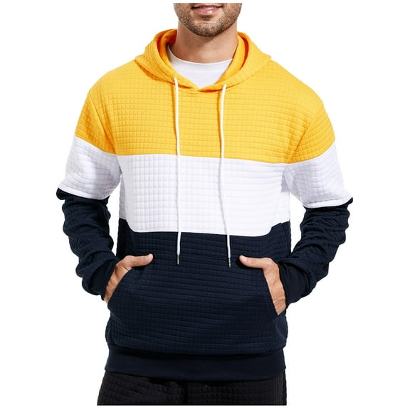 gbyLJF Men's Pullover Hoodies Plaid Jacquard Long Sleeve Drawstring Fashion Colorblock Tops Casual Hooded Sweatshirts with Kanga Pockets
