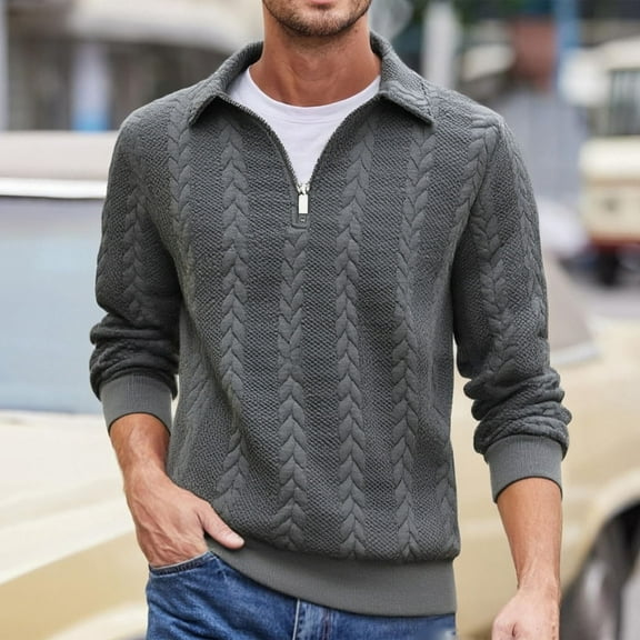 gbyLJF Men's Quarter Zipper Sweater Regular Fit Solid Color Turndown Collar Long Sleeve Pullover Casual Jacquard Tops