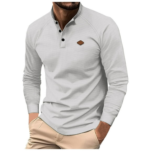 gbyLJF Men's Round Neck Pullover Three-button Long Sleeve Solid Color Top Lightweight Breathable Checkered Sweatshirt