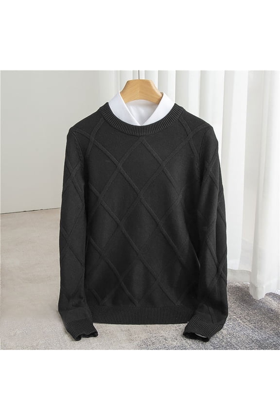 Men's Round Neck Sweater Diamond-shaped Texture Solid Color Pullover Soft Comfy Long Sleeve Slim Fit Knitted Sweaters