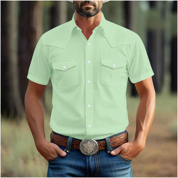 gbyLJF Men's Short Sleeve Shirt Solid Colo Vintage Double-sided Pocket Button Down Top Loose Fit Casual Business Turndown Collar Blouse