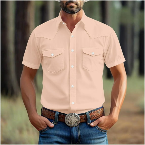 gbyLJF Men's Short Sleeve Shirt Solid Colo Vintage Double-sided Pocket Button Down Top Loose Fit Casual Business Turndown Collar Blouse