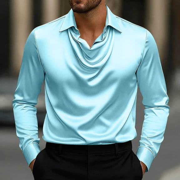 gbyLJF Men's Silk Long Sleeve Top Stretchy Solid Color V-neck Blouse Formal Wedding Turndown Collar Dress Shirt