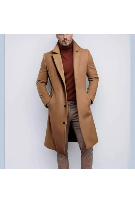Men's Single Breasted Woolen Jackets Mid-length Solid Color Turndown Collar Casual Cardigan Fall/Winter Long Sleeve Coats with Pockets