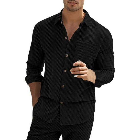 gbyLJF Men's Single-breasted Button Shirt Corduroy Long Sleeve Lapel Blouse Casual Business Solid Color Single-sided Pocket Shirts