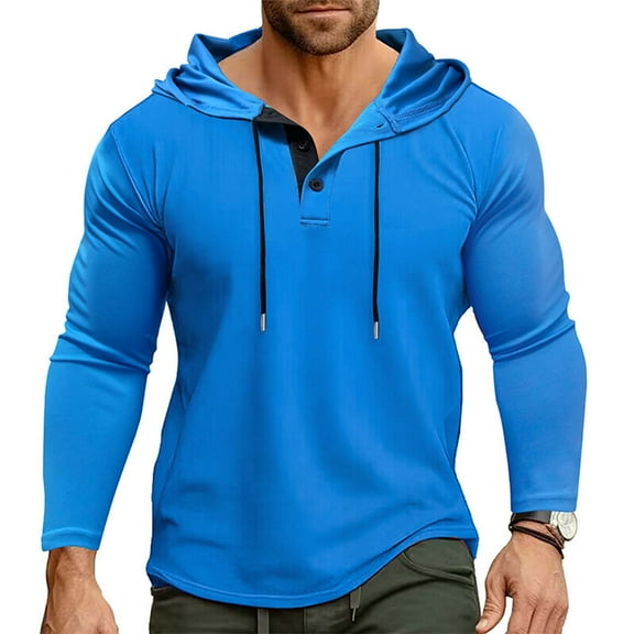 gbyLJF Men's Solid Color Hoodie Two-button Down Athletic Long Sleeve Pullover Casual Fashion Drawstring hooded Top