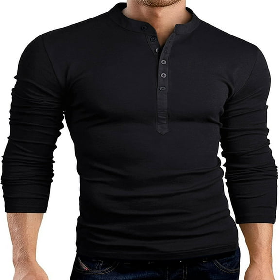 gbyLJF Men's Solid Color Top Two Stand-up Collared Tops for Casual Slim Fit Round Neck Long Sleeve T-shirt with Multiple Buttons