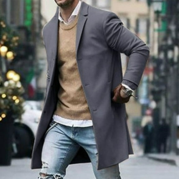 gbyLJF Men's Solid Color Woolen Overcoat Mid-length Button Down Suit Collar Coats Winter Casual Business Outwear with Pockets