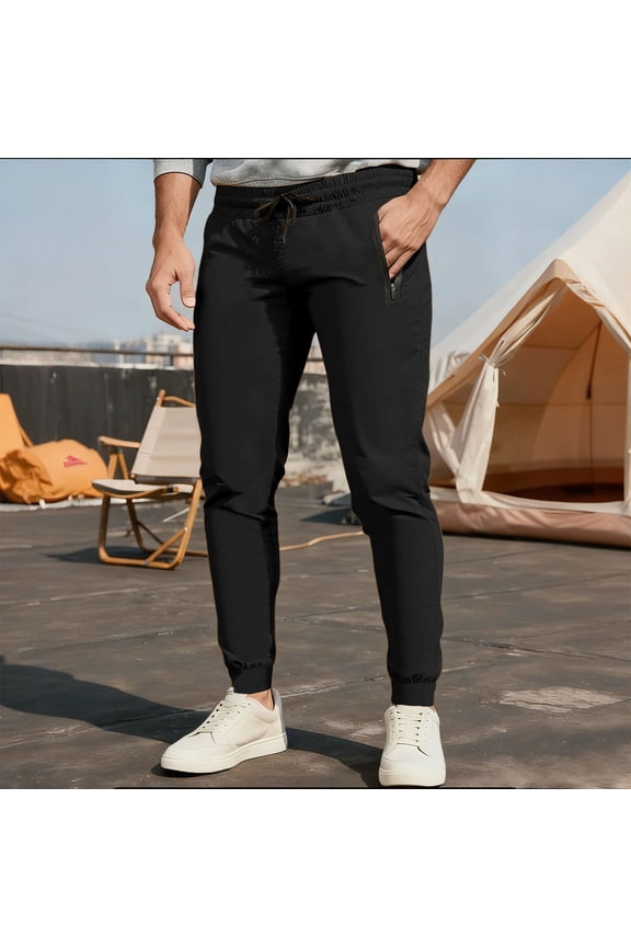 Men's Sportswear Pants Solid Color Running Fitness Trousers Jogging Pants Drawstring Elastic Waist Long Pants with Zipper Pockets