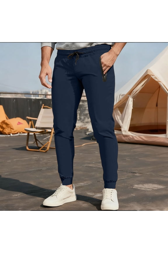 Men's Sportswear Pants Solid Color Running Fitness Trousers Jogging Pants Drawstring Elastic Waist Long Pants with Zipper Pockets
