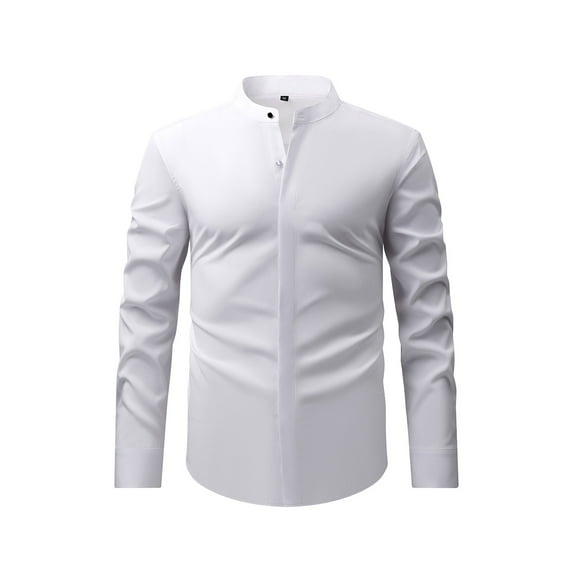 gbyLJF Men's Stand-up Collar Dress Shirt Business Casual Long Sleeve Button Down Blouse Vintage Solid Color Slim Fit Shirts