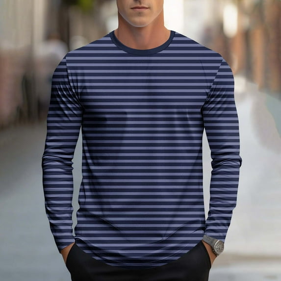 gbyLJF Men's Striped Blouse Lightweight Casual Sportswear Top Regular Fit Long Sleeve Round Neck Pullover Shirt